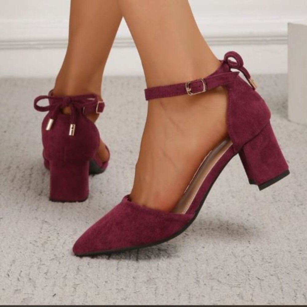 NEW SHEIN - Bow Decor Point Toe Chunky Heeled Suedette Ankle Strap Pumps 10